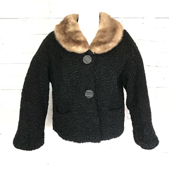 Black Persian Lamb Fur Brown Mink Fur Collar Coat - Picture 1 of 8